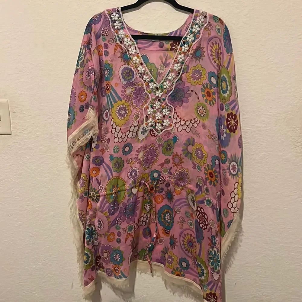 One Size Fits All Beautiful Chiffon Beach Cover Up - Beaded - Pink Design